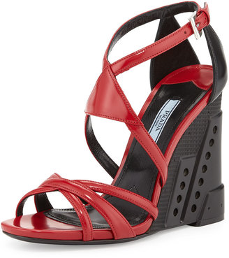 Prada Bi-Color Crisscross Molded Wedge Sandal, Red/Black (Scarlatto/Nero)