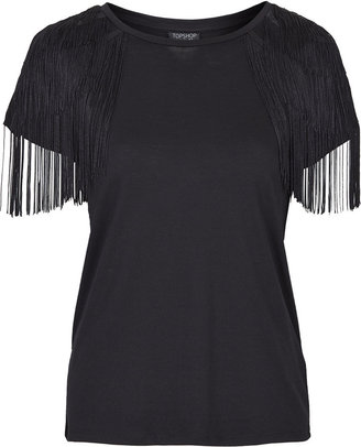 Topshop Black jersey t-shirt with fringing on both shoulders. 55% modal, 45% cotton. machine washable.