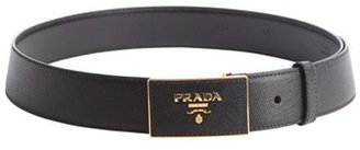 Prada black leather logo plaque buckle belt