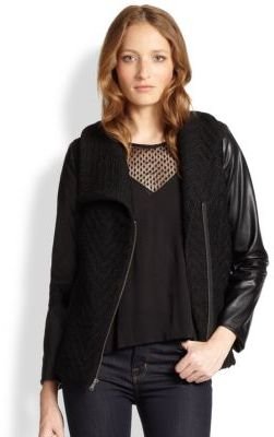Ella Moss Trinity Faux Leather-Sleeved Chevron-Knit Jacket