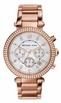 Michael Kors Parker Rose Goldtone Stainless Steel, Mother-of-Pearl & Crystal Chronograph Bracelet Watch