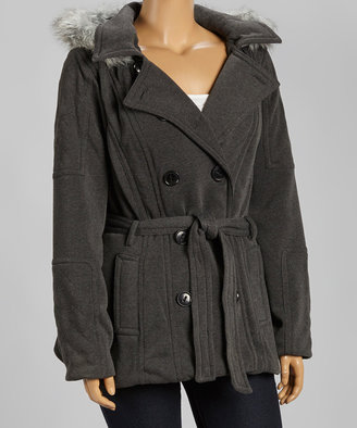 Dollhouse Charcoal Hooded Belted Peacoat - Plus