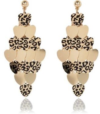 River Island Gold tone leopard print heart drop earrings