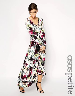 ASOS PETITE Exclusive Maxi Dress In Winter Floral With Dippped Hem In Jersey