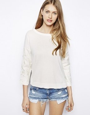 Warehouse Jacquard Lace Sweater - Cream