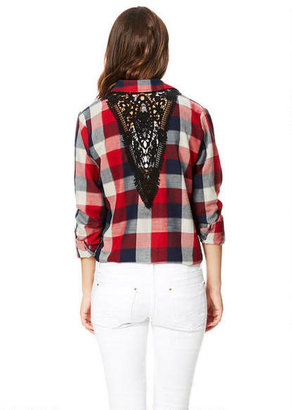 Delia's Oversized Lace-Back Flannel Button-Down Shirt