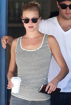 Tees by Tina Microstripe Tank in Olive and Cream as Seen On Emily VanCamp