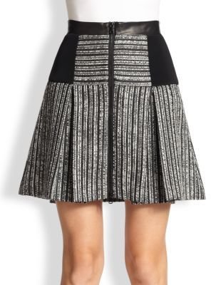 Milly Multimedia Leather & Tweed Box-Pleat Skirt