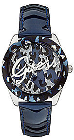 GUESS Blue Leather Strap Animal Print Logo Dial Analog Watch