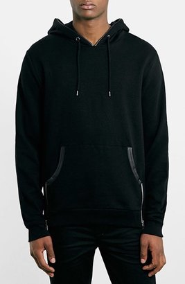 Topman Black Pullover Hoodie with Faux Leather Trim