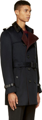 Burberry Navy Wool & Leather Classic Trench Coat