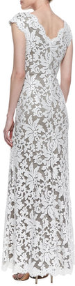 Tadashi Shoji Cap-Sleeve Sequined Lace Overlay Gown, Dove Gray