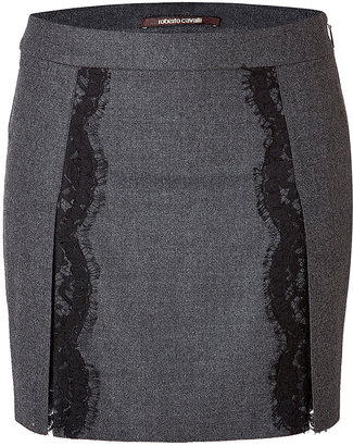 Roberto Cavalli Stretch Wool Mini-Skirt with Lace in Dark Heather Grey