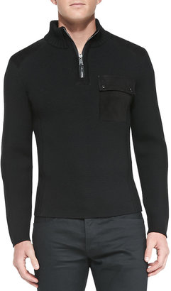 Ralph Lauren Black Label Quarter-Zip Sweater with Suede Trim, Black