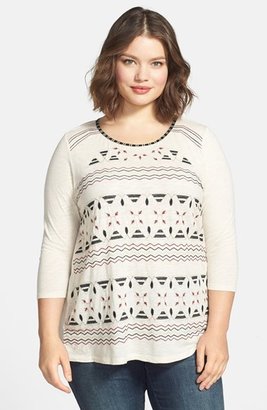 Lucky Brand 'Farrah' Embroidered Jersey Top (Plus Size)
