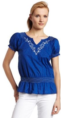 Izod Women's Short Sleeve Embroidered Peasant Top