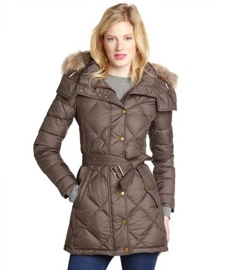 Burberry dark sable quilted down filled fur trim coat
