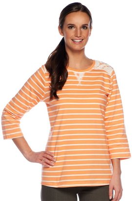 Denim & Co. Perfect Jersey 3/4 Sleeve Striped Top w/ Lace Detail