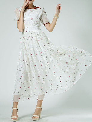 Choies White Embroidery Floral Maxi Dress With Mesh Sleeves