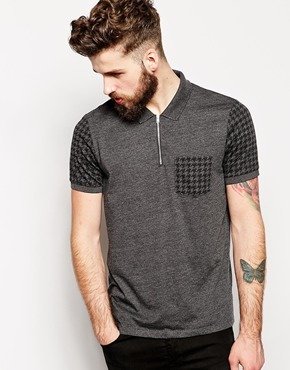 ASOS Polo Shirt With Zip Neck And Dogstooth Print - Charcoal