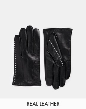ASOS Leather Whip Stitch Detail Gloves - Black