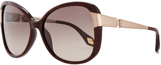 Carolina Herrera Glittered Plastic Sunglasses with Hammered Metal Arm, Brown