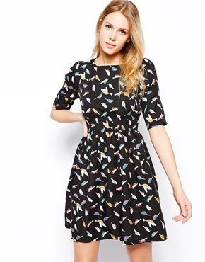 Yumi Bird Print Dress - Black