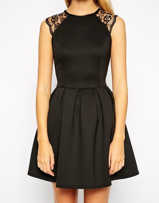 ASOS COLLECTION Lace Sleeve Skater Dress In Scuba