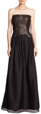 Kay Unger Lace-Bodice Strapless Silk Gown