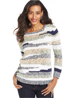 Alfred Dunner Pointelle-Knit Striped Sweater