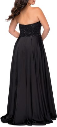 La Femme Plus Size Strapless Satin Gown with Sequin Lace Bodice