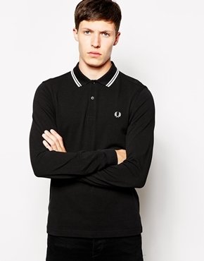Fred Perry Polo Shirt with Long Sleeves In Slim Fit - Black