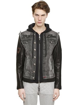 Philipp Plein Hooded Leather & Cotton Denim Jacket