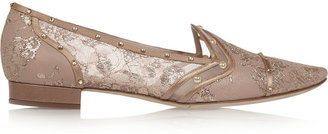 Rene Caovilla Embellished lace-covered leather loafers