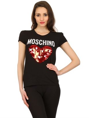 Moschino Sequin Heart Logo Cotton Jersey T-Shirt