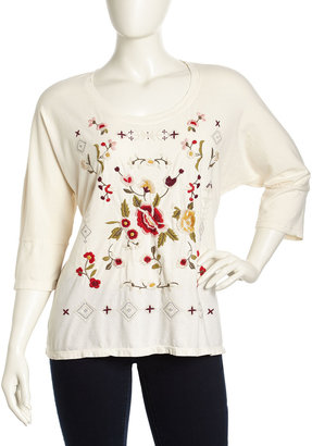 JWLA Three-Quarter Dolman-Sleeve Floral Embroidered Tee, Brie, Women's