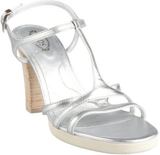 Tod's silver leather t-strap stacked heel 'Sophie Stripes' sandals