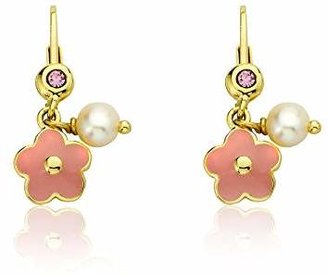 Little Miss Twin Stars "Frosted Flowers" 14k Gold-Plated Enamel Flower Accented with Fresh Water Pearl Dangle Earrings