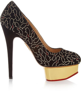Charlotte Olympia Midnight Dolly bat-embroidered suede platform pumps