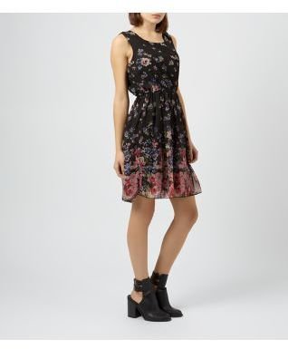 New Look Cameo Rose Black Chiffon Floral Print Skater Dress
