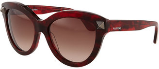 Valentino Rockstud-Temple Cat-Eye Sunglasses, Red Havana