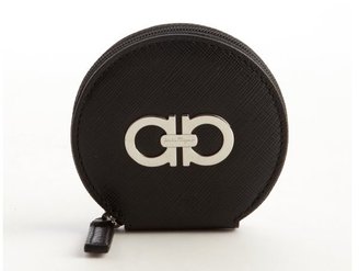 Ferragamo black leather logo imprinted zipper circle wallet