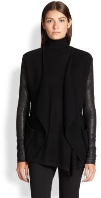 Donna Karan Drape-Front Leather-Sleeve Cashmere Cardigan