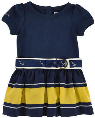 Ralph Lauren cotton jersey and striped synthetic voile dress - navy blue and yellow
