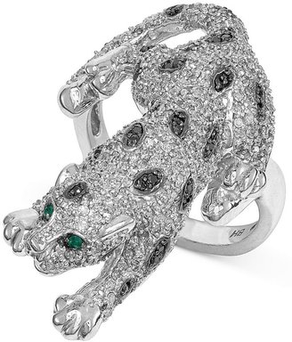 Black Diamond EFFY Signature White (1/8 ct. t.w.) and 1-1/2 ct. t.w.) and Emerald Accent Crawling Panther Ring in 14k White Gold