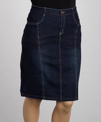 Blue Fadeout Pleated-Back Denim Skirt - Plus