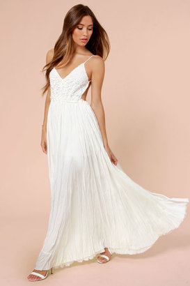 Olivaceous Snowy Meadow Crocheted Ivory Maxi Dress