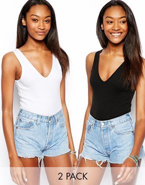 ASOS Sleeveless Body with Deep V in Rib 2 pack SAVE 15%