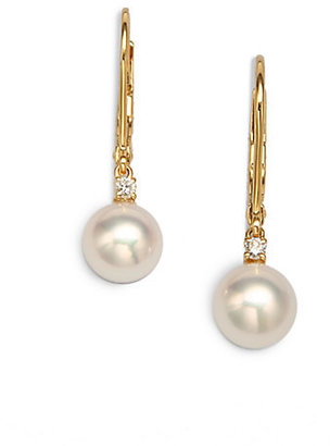 Mikimoto 7MM White Cultured Akoya Pearl, Diamond & 18K Yellow Gold Leverback Earrings