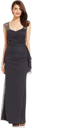 Patra Embellished Illusion Ruched Gown